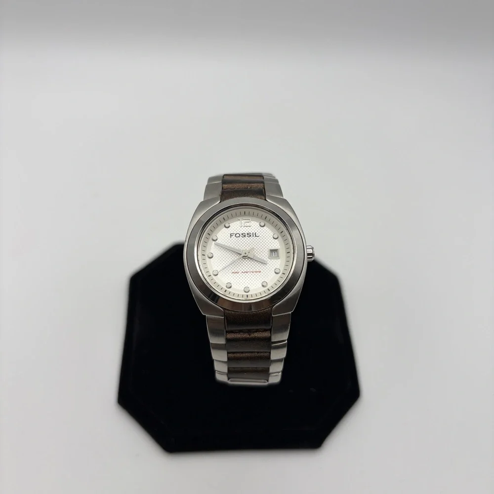 Women's Fossil Watch Stainless Steel Watch Silver Brown Two Tone Date Quartz